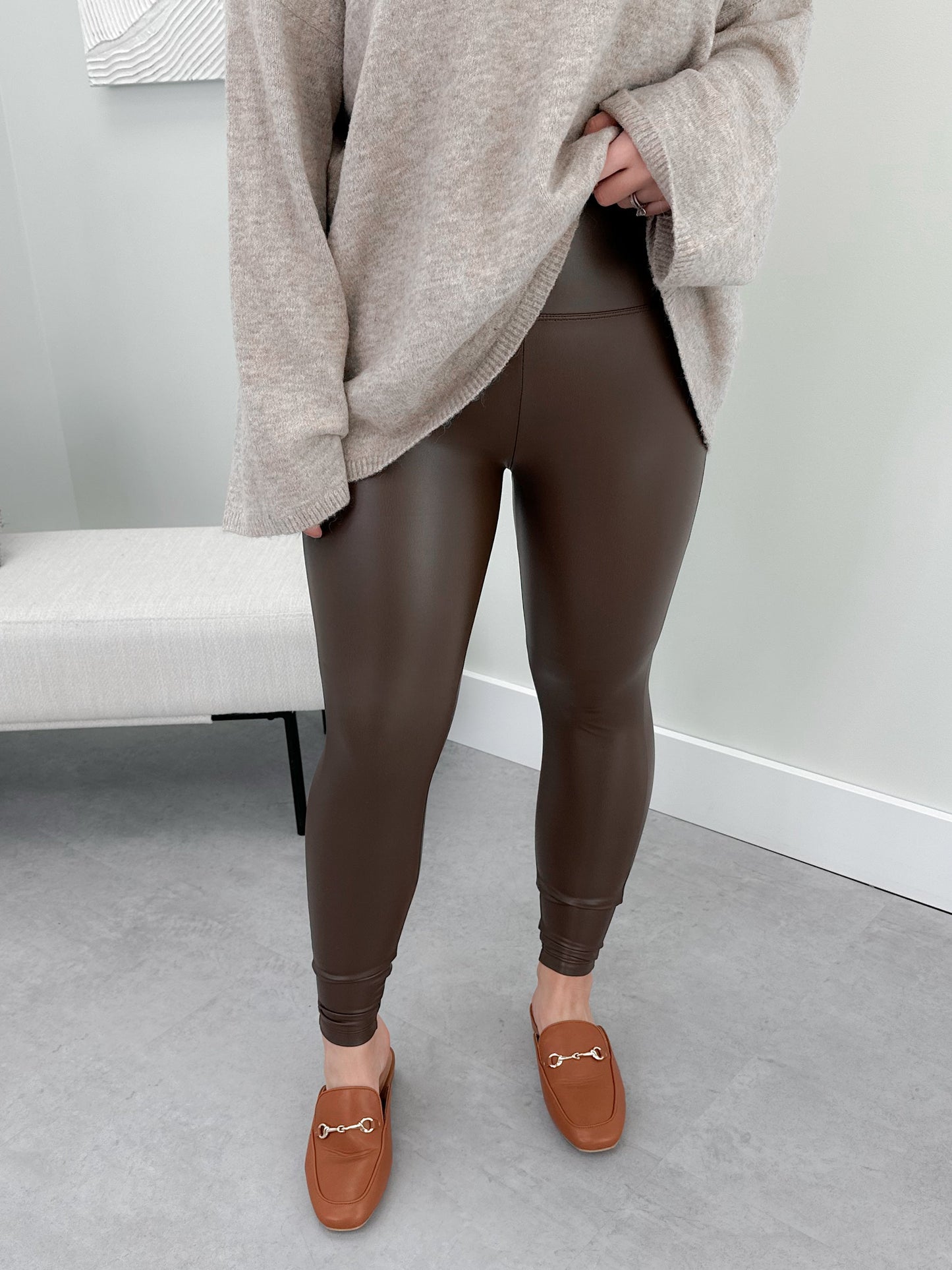 Victoria High Rise Faux Leather Leggings in Brown