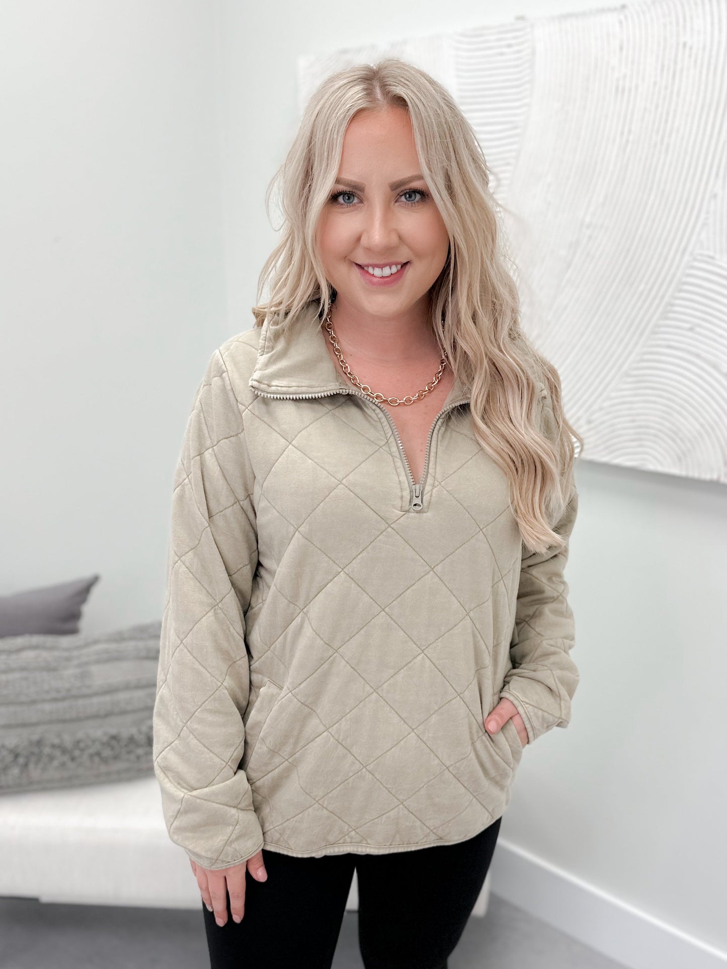 The Quilted Quarter Zip in Taupe