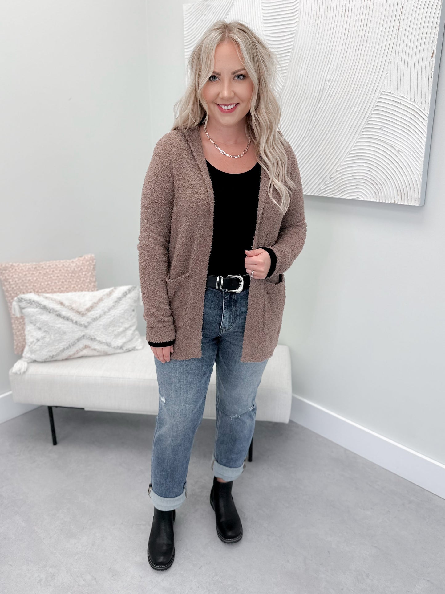 Teddy Hooded Cardigan in Mocha