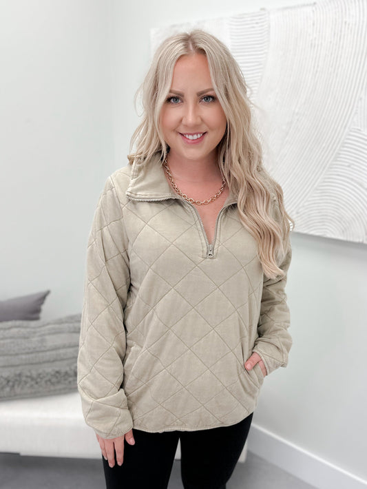 The Quilted Quarter Zip in Taupe